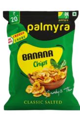 A green packet of Palmyra Banana Chips in Classic Salted flavor, featuring an image of crispy banana chips in a wooden bowl, highlighting their crunchy and thin texture.