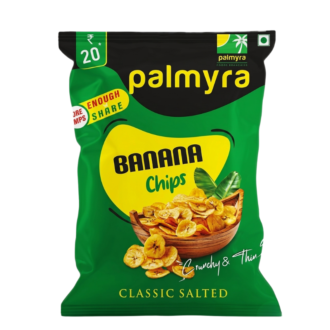 A green packet of Palmyra Banana Chips in Classic Salted flavor, featuring an image of crispy banana chips in a wooden bowl, highlighting their crunchy and thin texture.