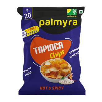 A blue packet of Palmyra Tapioca Chips in Hot & Spicy flavor, featuring an image of crispy tapioca chips in a bowl with red chilies, highlighting their strong, spicy, and fiber-rich qualities.
