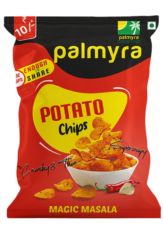 A vibrant red packet of Palmyra Potato Chips in Magic Masala flavor, featuring an image of crispy chips in a bowl with whole spices, highlighting the product's crunchy and thin texture.
