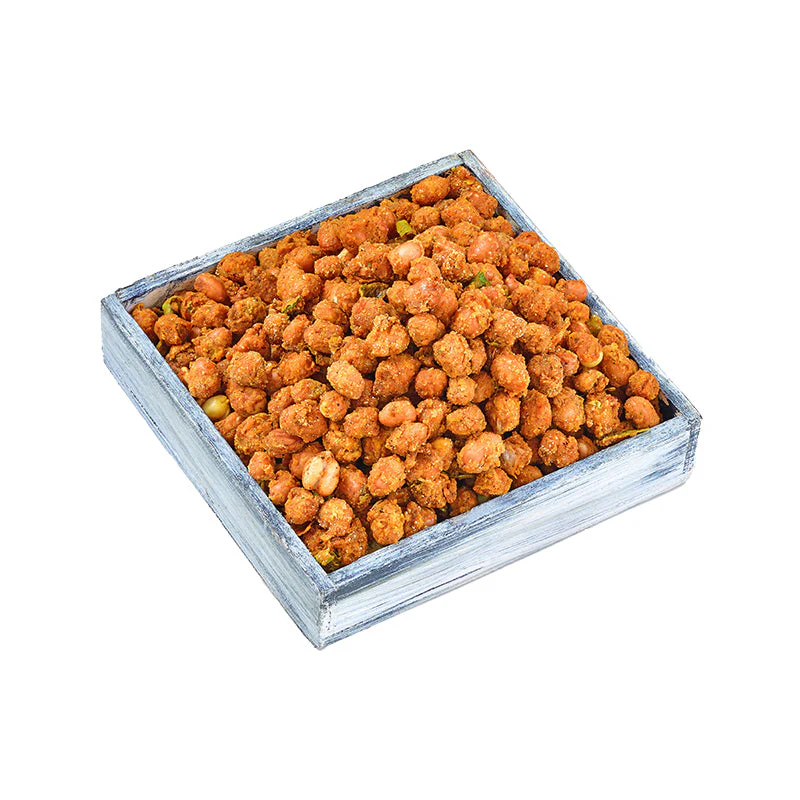 A wooden tray filled with masala kadalai (spiced roasted peanuts), showcasing a vibrant orange-brown color with visible spices and herbs mixed in.